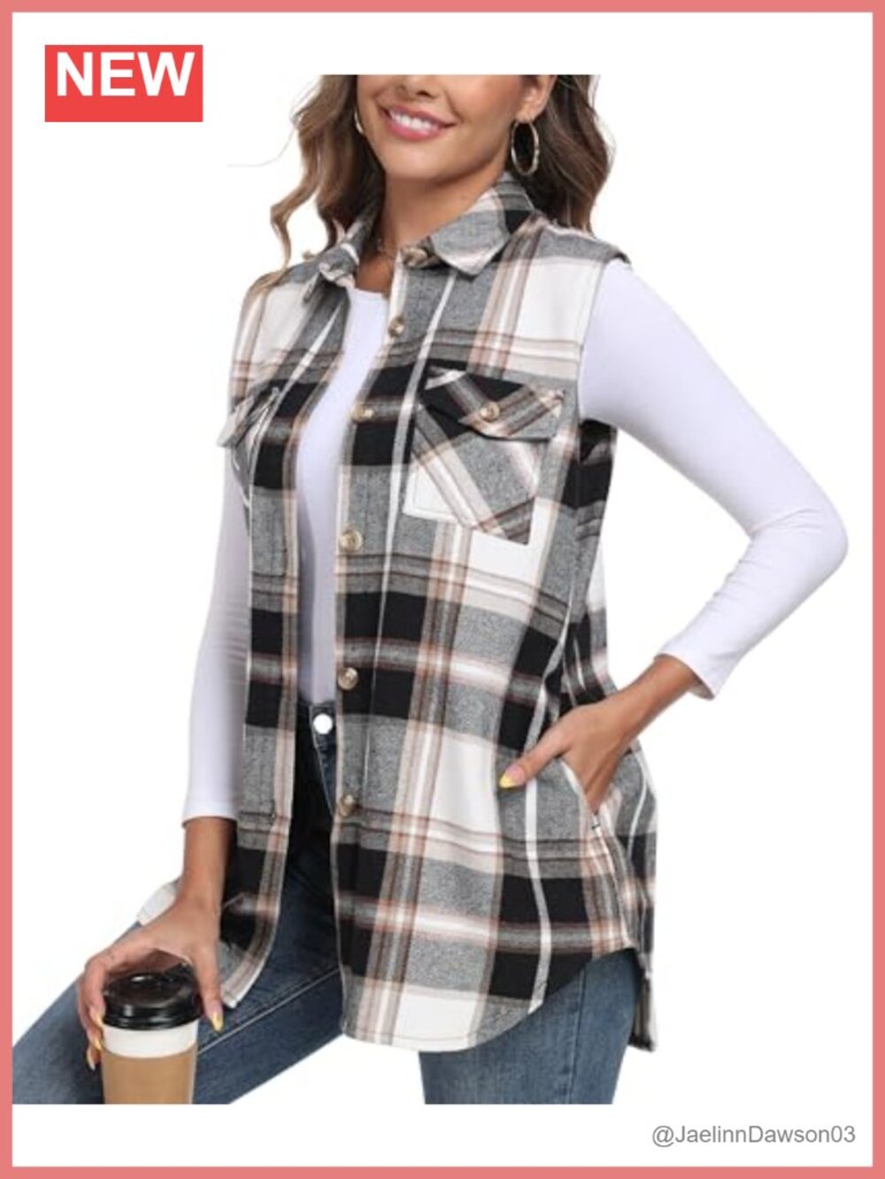 Long Flannel Plaid Vest Sleeveless Shacket Shirt With Pockets